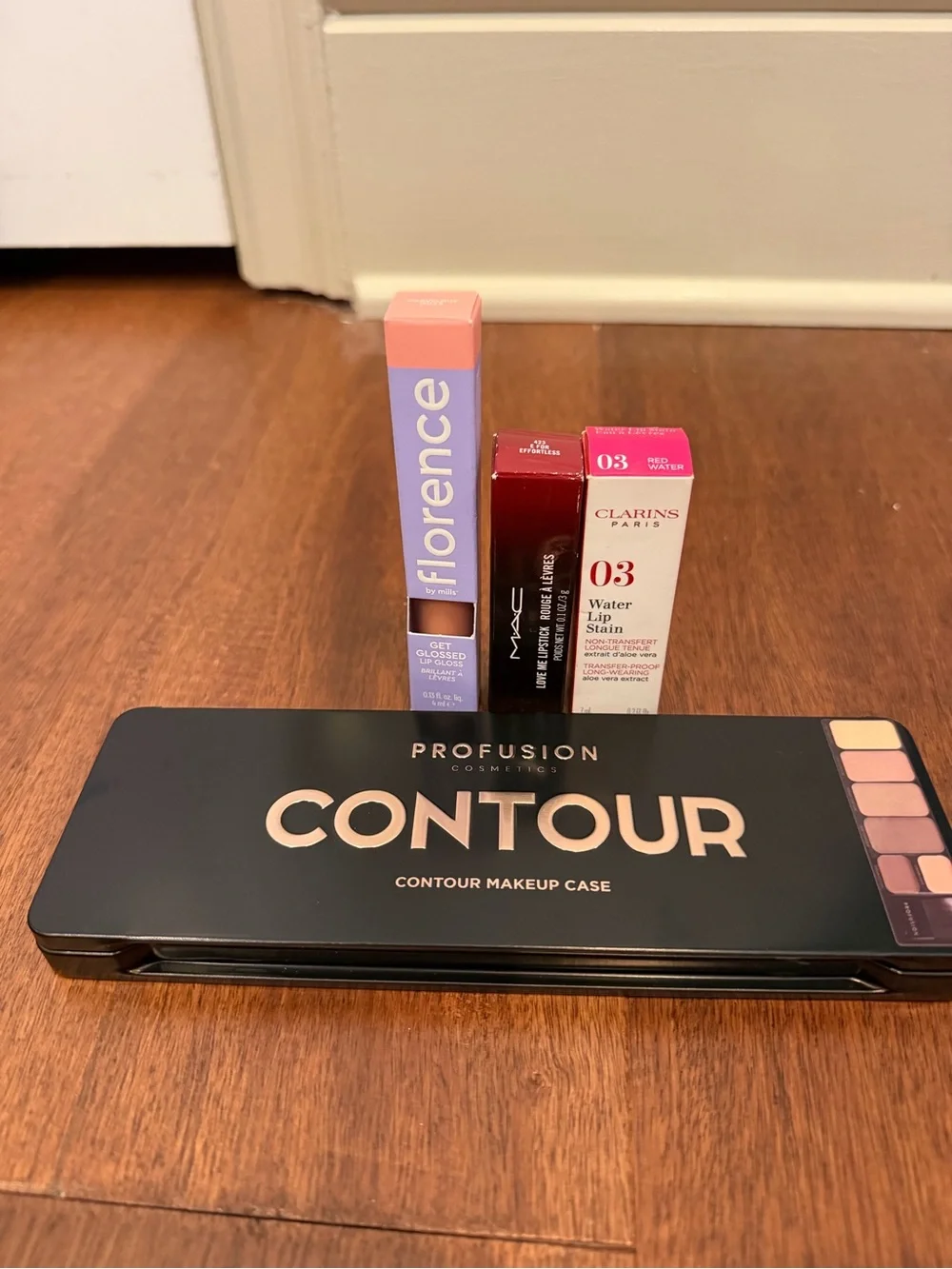 Profusion contour set, Florence lip gloss, MAC lipstick, clarins lip stains